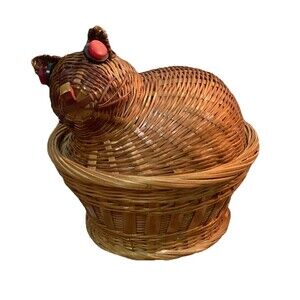 Cute Natural Color Kitty Cat Kitten Woven Basket Removable Lid Red Button Eyes
